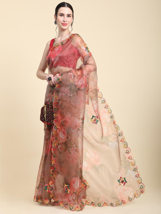 Brown Digital Printed Organza Saree With Satin Red Blouse Piece