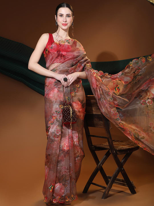 Brown Digital Printed Organza Saree With Satin Red Blouse Piece