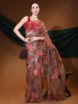 Brown Digital Printed Organza Saree With Satin Red Blouse Piece