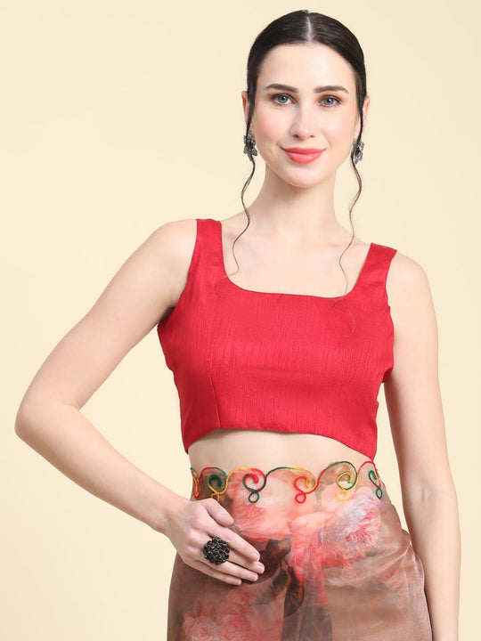 Brown Digital Printed Organza Saree With Satin Red Blouse Piece