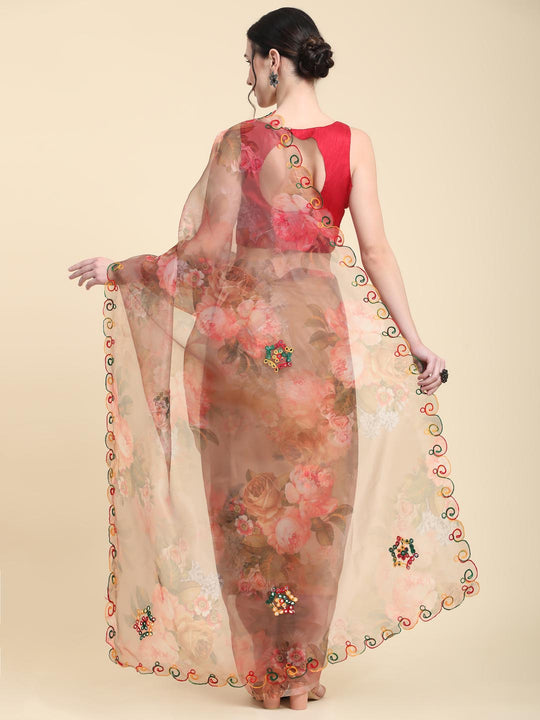 Brown Digital Printed Organza Saree With Satin Red Blouse Piece
