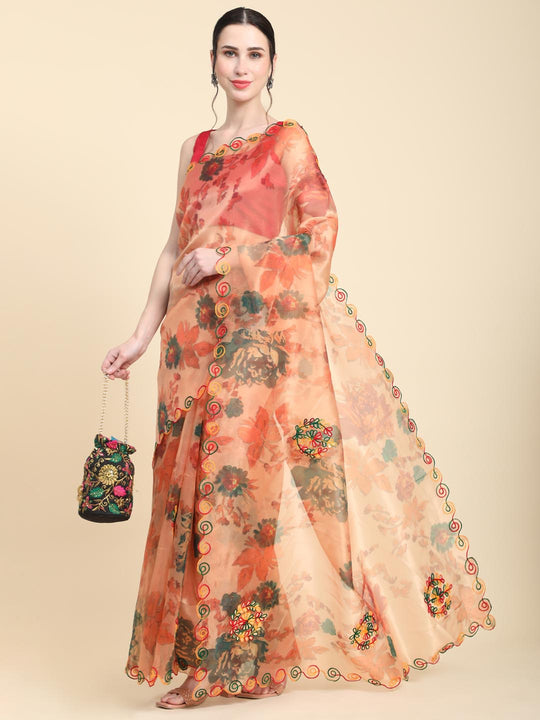 Orange Digital Printed Organza Saree With Satin Red Blouse Piece