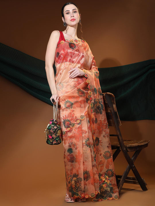Orange Digital Printed Organza Saree With Satin Red Blouse Piece