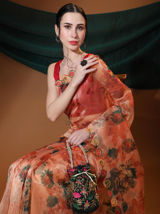 Orange Digital Printed Organza Saree With Satin Red Blouse Piece