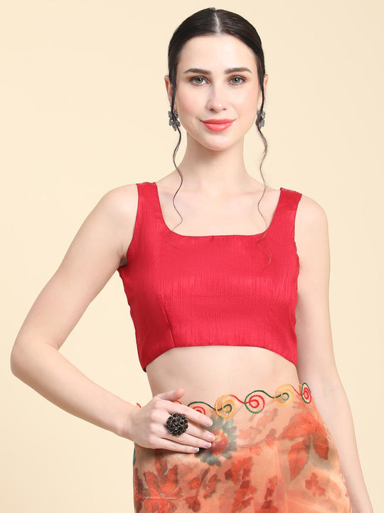 Orange Digital Printed Organza Saree With Satin Red Blouse Piece