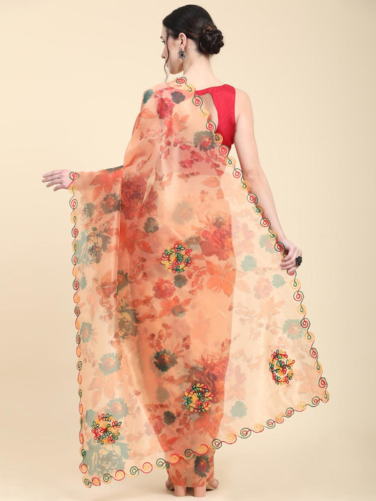 Orange Digital Printed Organza Saree With Satin Red Blouse Piece