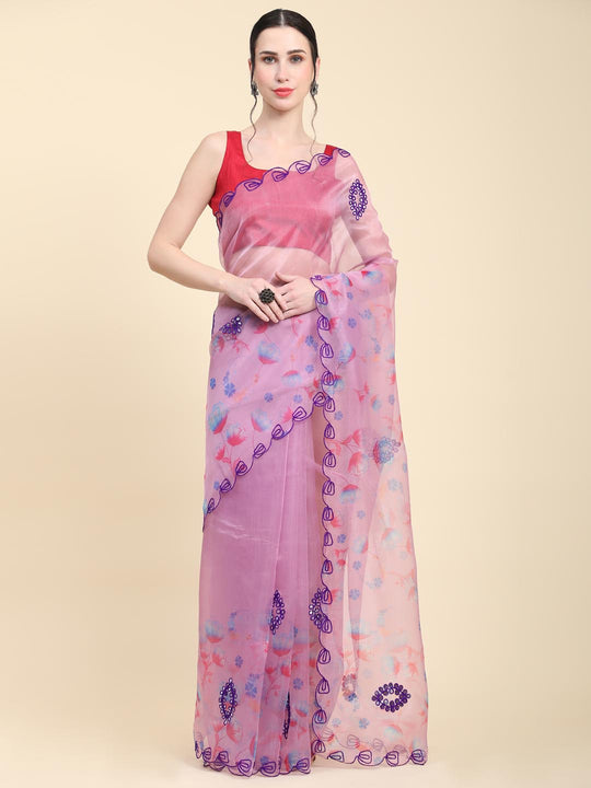 Lavender Digital Printed Organza Saree With Satin Red Blouse Piece