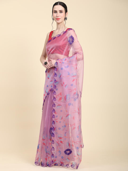 Lavender Digital Printed Organza Saree With Satin Red Blouse Piece