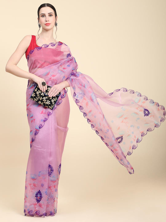 Lavender Digital Printed Organza Saree With Satin Red Blouse Piece