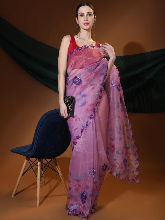 Lavender Digital Printed Organza Saree With Satin Red Blouse Piece