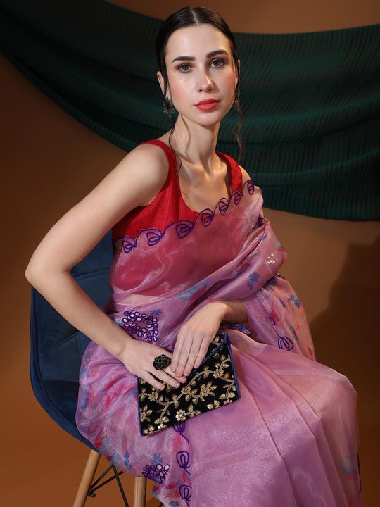 Lavender Digital Printed Organza Saree With Satin Red Blouse Piece