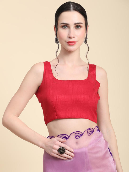 Lavender Digital Printed Organza Saree With Satin Red Blouse Piece