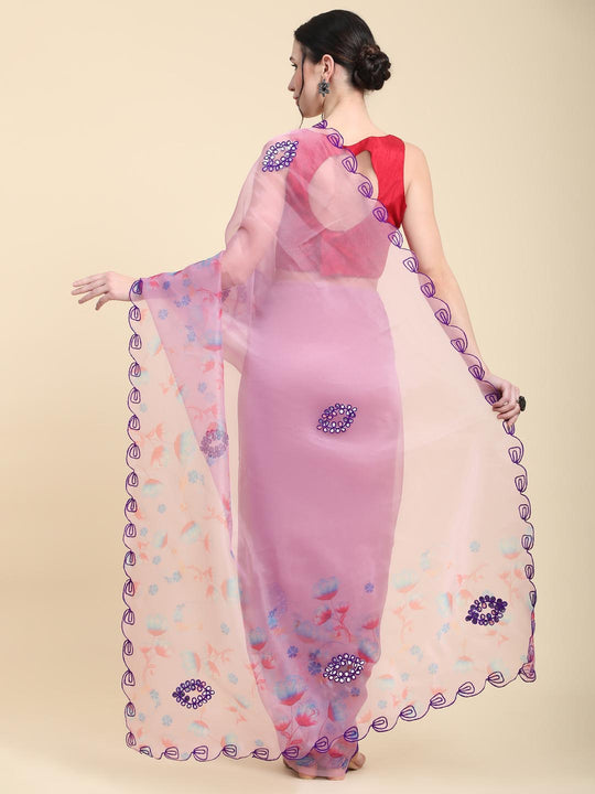 Lavender Digital Printed Organza Saree With Satin Red Blouse Piece