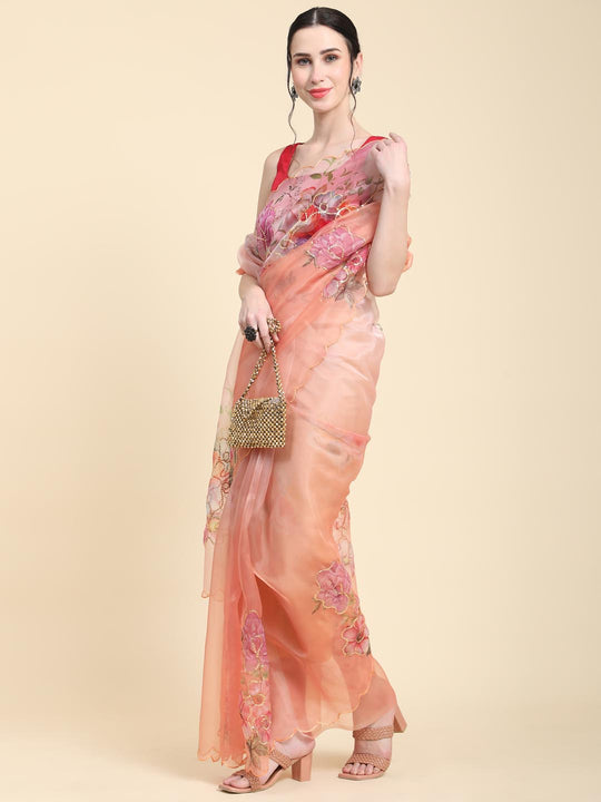 Orange Digital Printed Organza Saree With Satin Red Blouse Piece