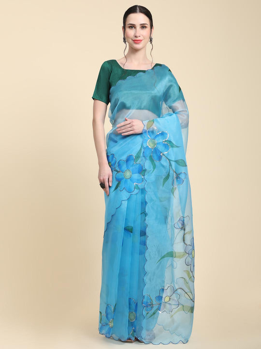 Blue Digital Printed Organza Saree With Satin Green Blouse Piece