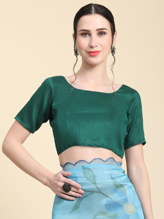 Blue Digital Printed Organza Saree With Satin Green Blouse Piece