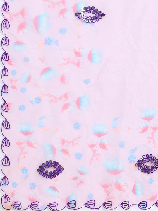 Lavender Digital Printed Organza Saree With Satin Red Blouse Piece