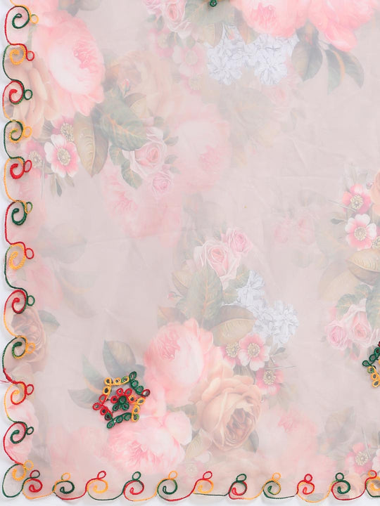 Brown Digital Printed Organza Saree With Satin Red Blouse Piece