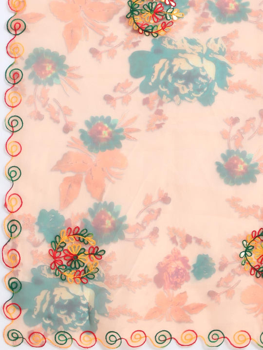 Orange Digital Printed Organza Saree With Satin Red Blouse Piece