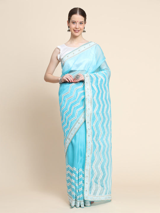 Sky Blue Organza Saree With Blouse Piece