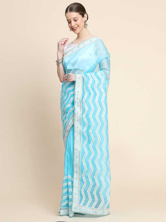 Sky Blue Organza Saree With Blouse Piece
