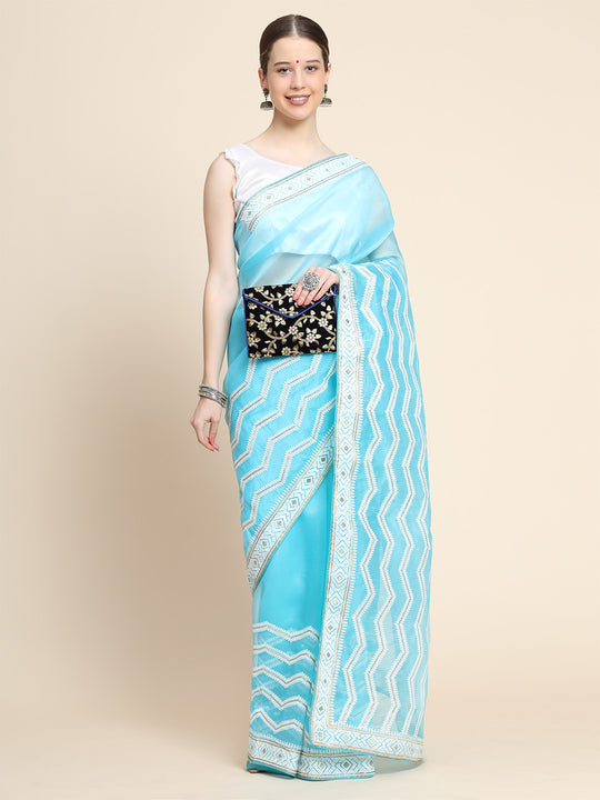 Sky Blue Organza Saree With Blouse Piece