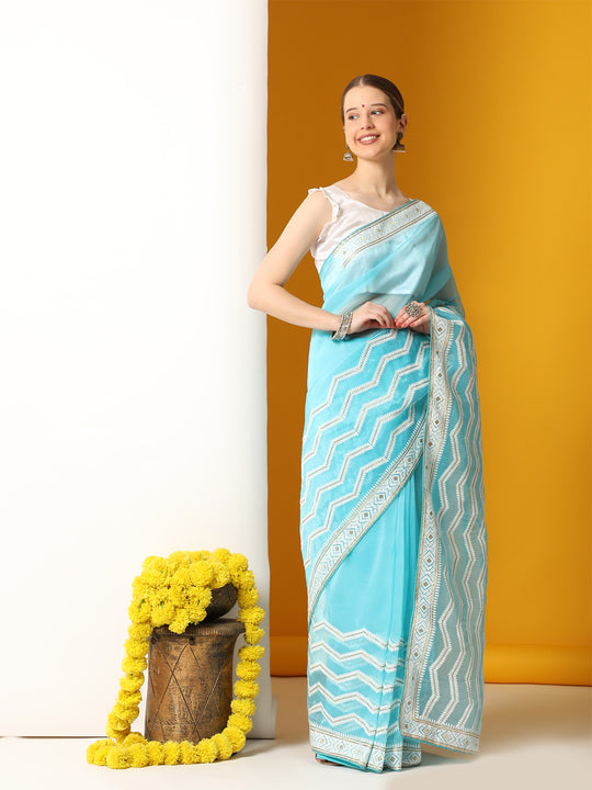 Sky Blue Organza Saree With Blouse Piece