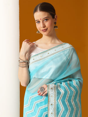 Sky Blue Organza Saree With Blouse Piece