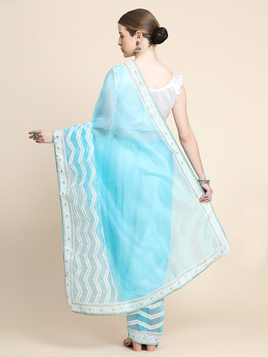 Sky Blue Organza Saree With Blouse Piece
