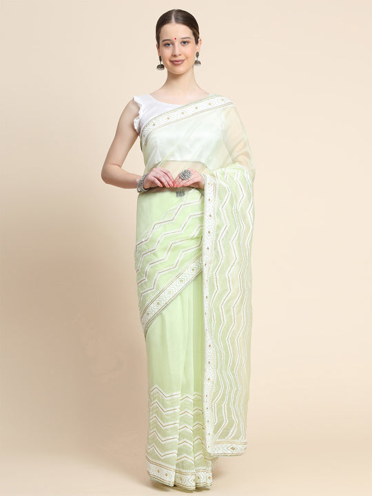 Pista Green Organza Saree With Blouse Piece