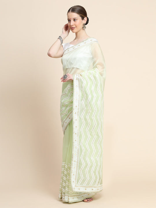 Pista Green Organza Saree With Blouse Piece
