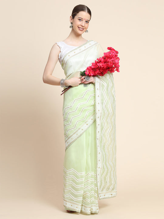 Pista Green Organza Saree With Blouse Piece