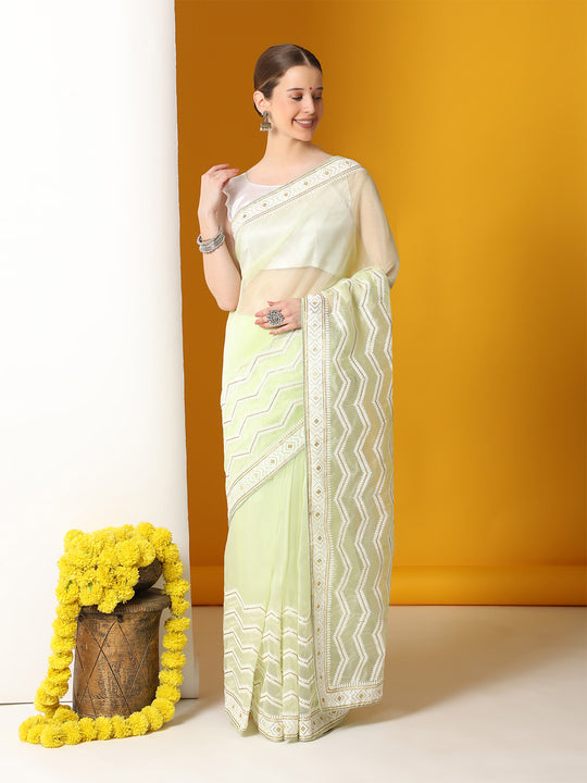 Pista Green Organza Saree With Blouse Piece