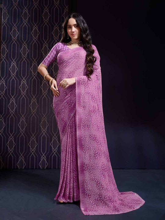 Pink Georgette Swarovski Stone Embellished Printed Saree With Blouse Piece