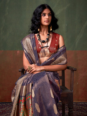 Purple Paithani Tissue Saree With Blouse Piece