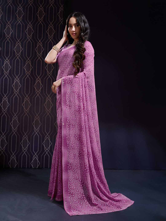 Pink Georgette Swarovski Stone Embellished Printed Saree With Blouse Piece