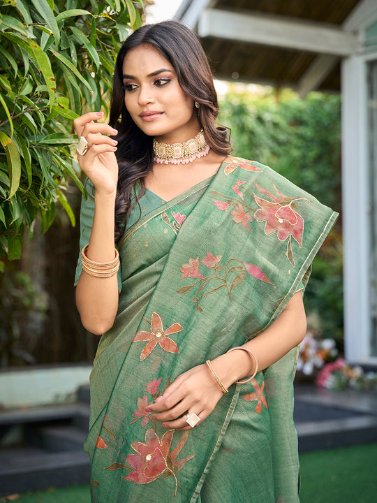 Teal Tissue Festive Wear Saree With Blouse Piece