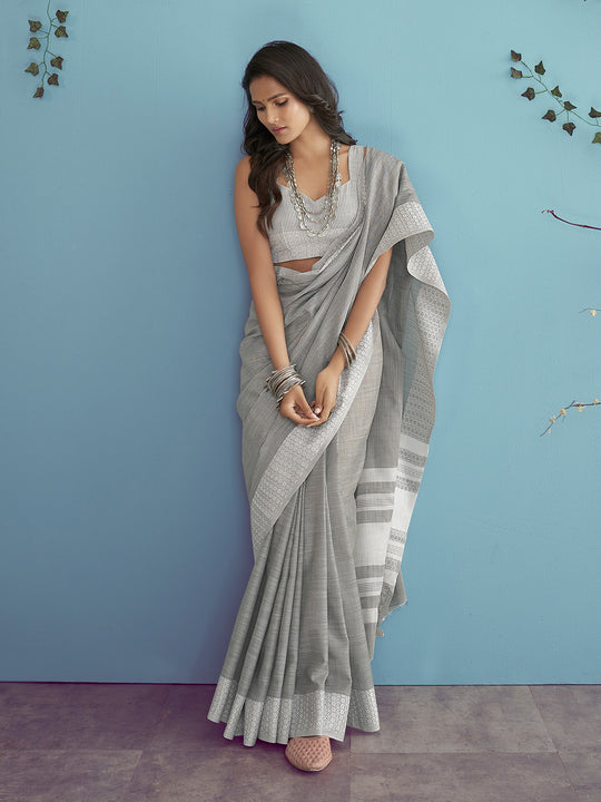 Grey Soft Linen Silk With Chikankari Weaved Border Saree With Blouse Piece