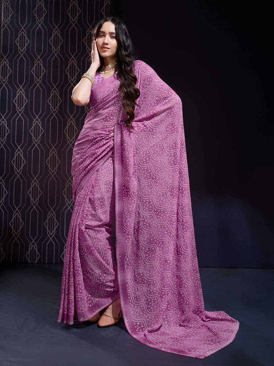 Pink Georgette Swarovski Stone Embellished Printed Saree With Blouse Piece