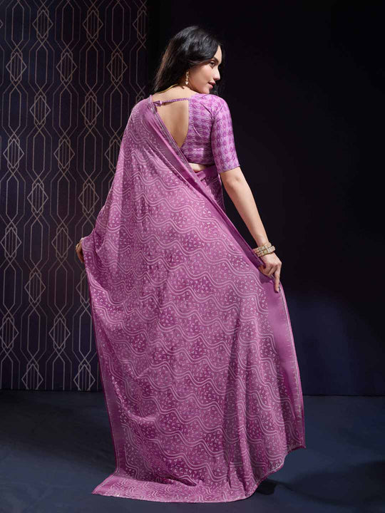 Pink Georgette Swarovski Stone Embellished Printed Saree With Blouse Piece