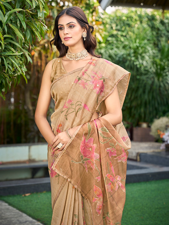 Peach Tissue Festive Wear Saree With Blouse Piece