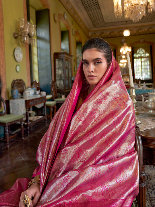 Pink Handwoven Kanjivaram Silk Saree With Blouse Piece