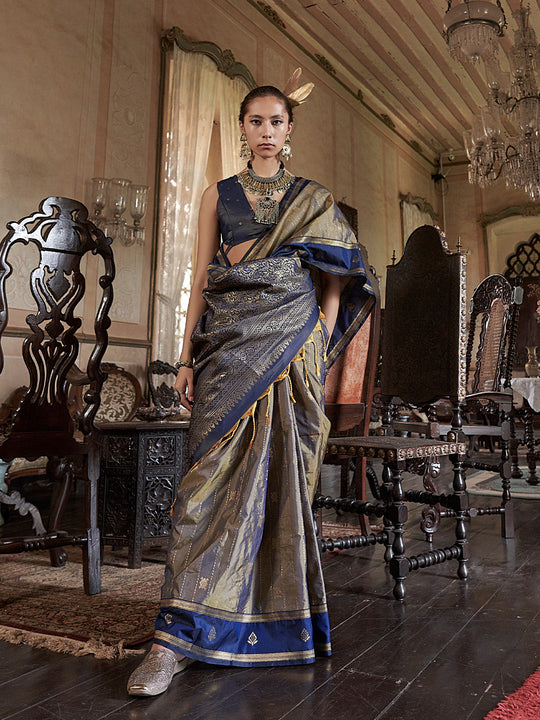 Copper  Tussar Silk Handloom Weaving Saree With Blouse Piece