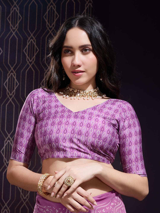 Pink Georgette Swarovski Stone Embellished Printed Saree With Blouse Piece