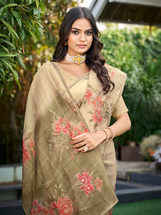 Beige Tissue Festive Wear Saree With Blouse Piece