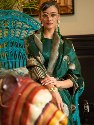 Green Satin Saree With Blouse Piece