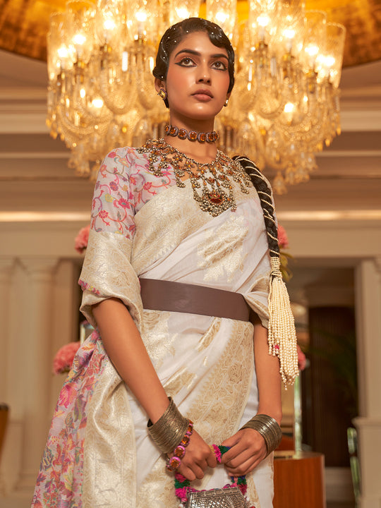 White Pashmina Kashmiri Modal Saree With Blouse Piece