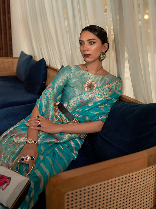 Blue Organza Saree With Blouse Piece