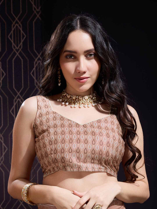 Brown Georgette Swarovski Stone Embellished Printed Saree With Blouse Piece