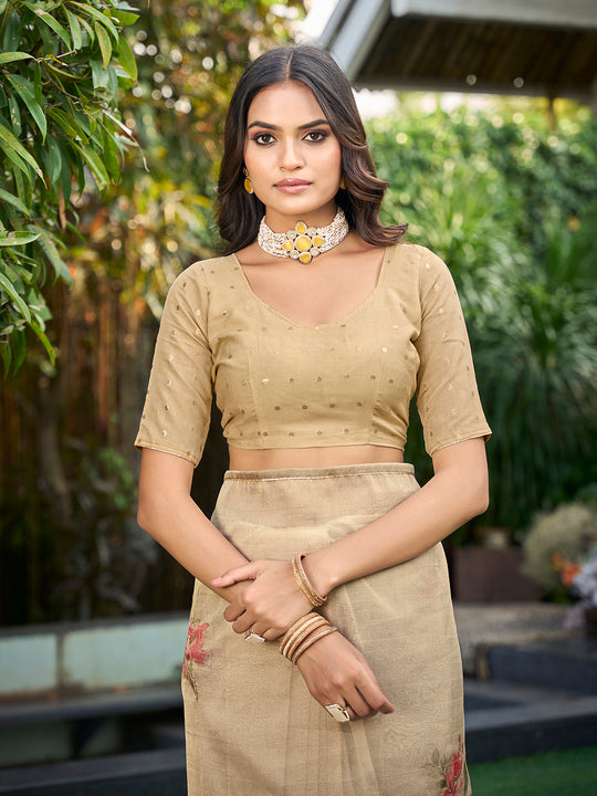 Beige Tissue Festive Wear Saree With Blouse Piece